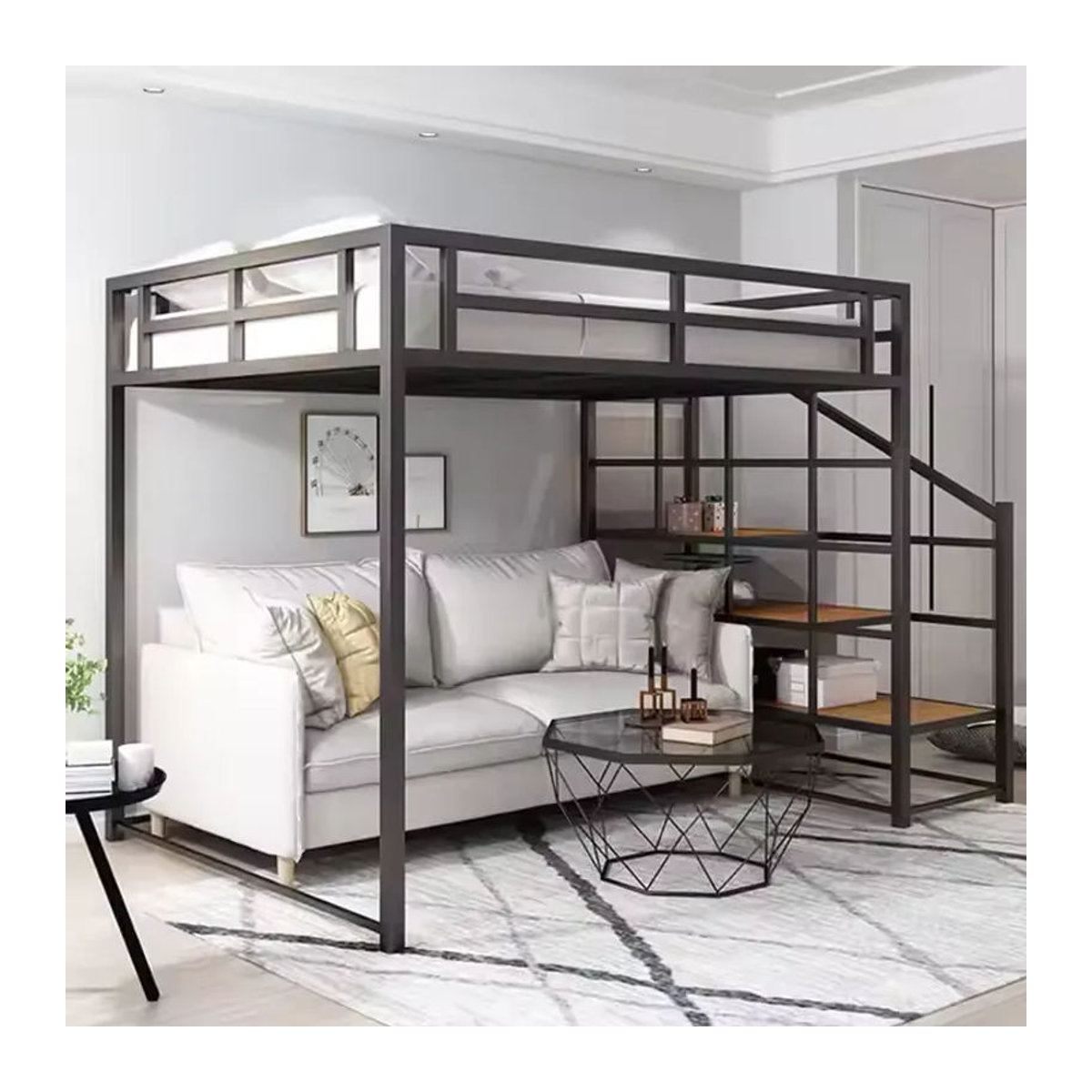 Modernes Metall-Hochbett in Schwarz mit Treppe für Erwachsene, Kingsize-Einzelbettgestell aus Stahl, B/T/H: 200 x 170 x 170 cm - Bild 2