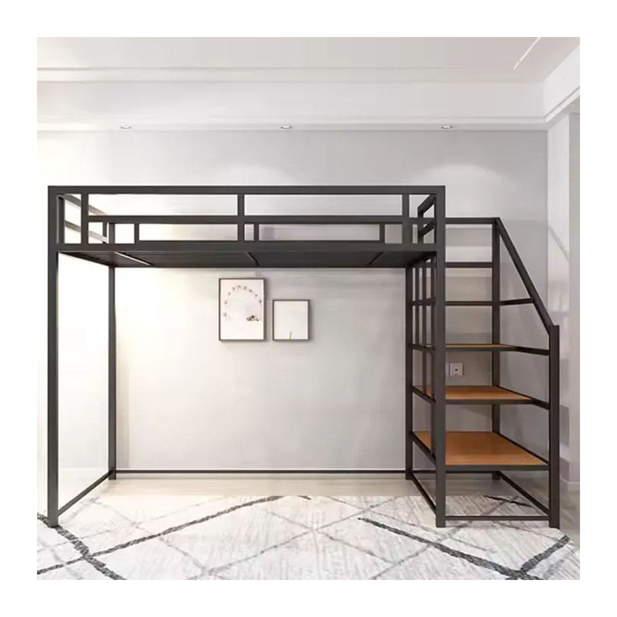 Modernes Metall-Hochbett in Schwarz mit Treppe für Erwachsene, Kingsize-Einzelbettgestell aus Stahl, B/T/H: 200 x 170 x 170 cm - Bild 4
