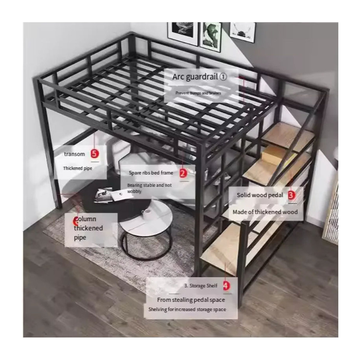 Modernes Metall-Hochbett in Schwarz mit Treppe für Erwachsene, Kingsize-Einzelbettgestell aus Stahl, B/T/H: 200 x 170 x 170 cm - Bild 6