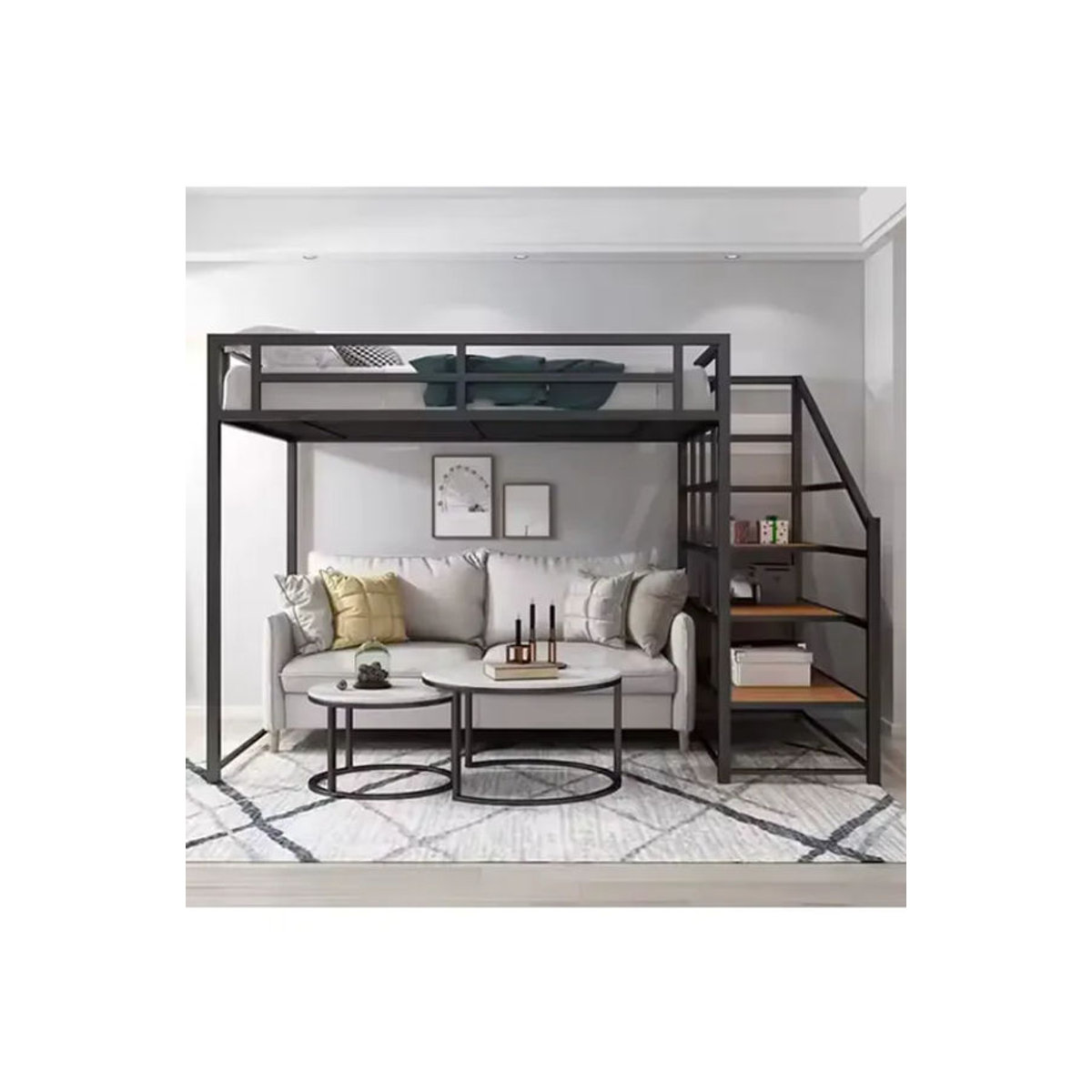 Modernes Metall-Hochbett in Schwarz mit Treppe für Erwachsene, Kingsize-Einzelbettgestell aus Stahl, B/T/H: 200 x 170 x 170 cm - Bild 7