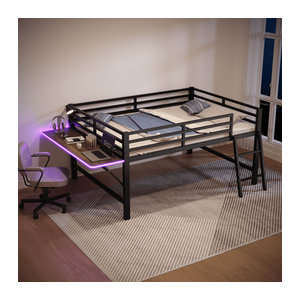 Modernes Metallbett in Schwarz mit integriertem Schreibtisch und LED-Beleuchtung, Breite: 140 cm, Länge: 200 cm