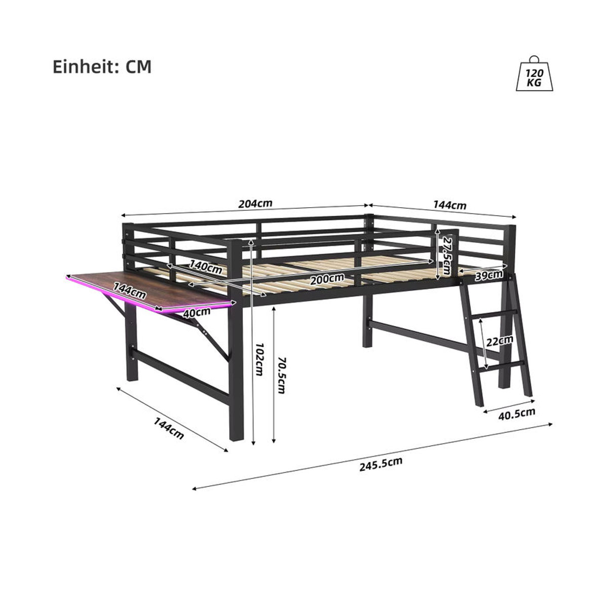 Modernes Metallbett in Schwarz mit integriertem Schreibtisch und LED-Beleuchtung, Breite: 140 cm, Länge: 200 cm - Bild 2