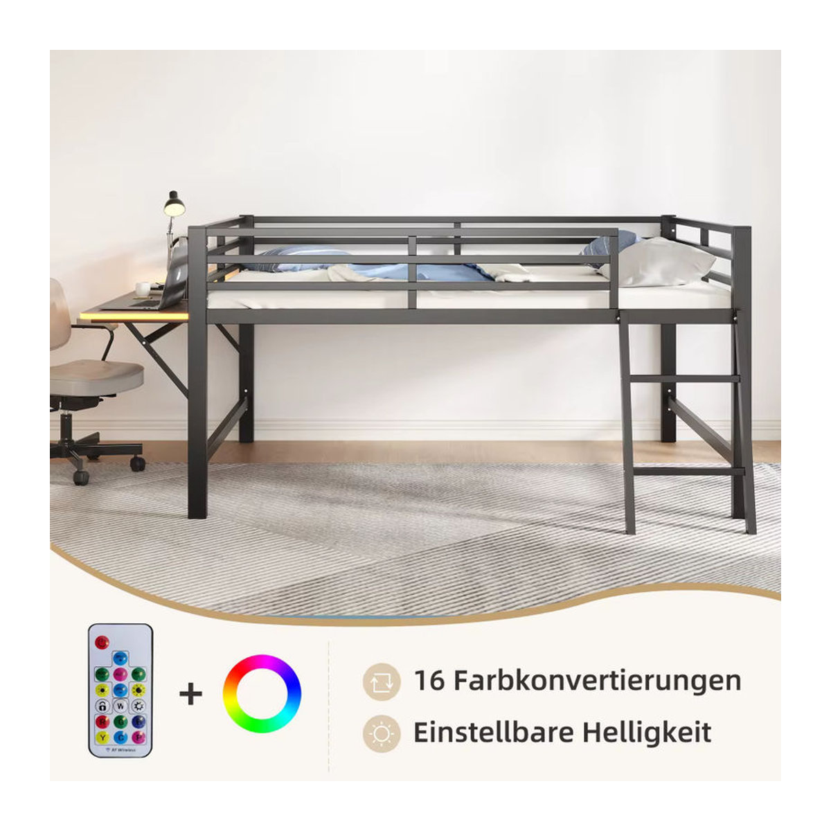 Modernes Metallbett in Schwarz mit integriertem Schreibtisch und LED-Beleuchtung, Breite: 140 cm, Länge: 200 cm - Bild 3