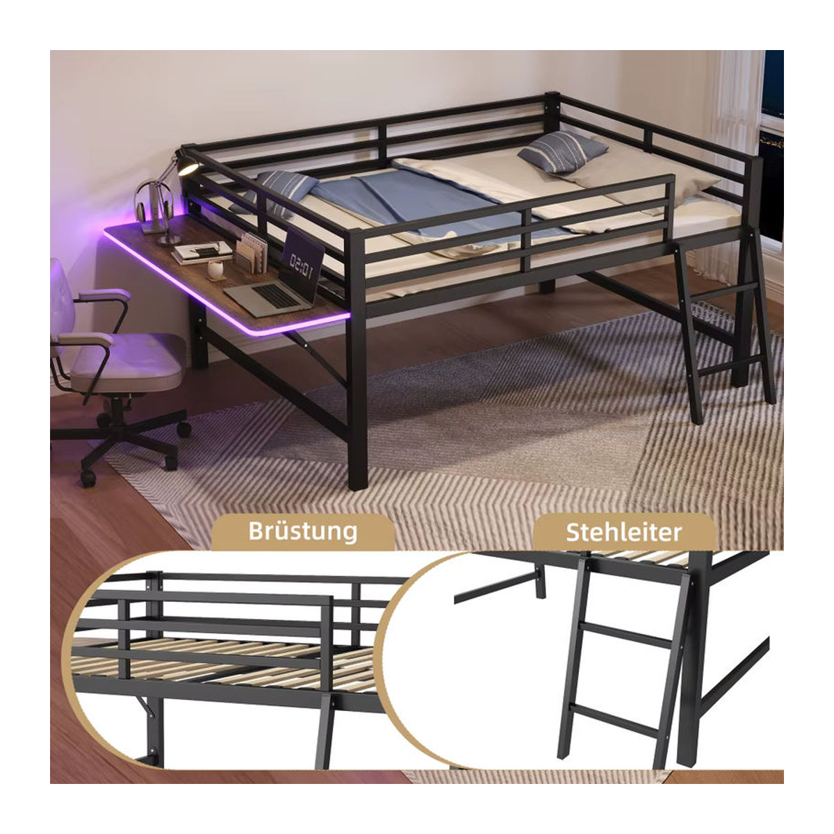 Modernes Metallbett in Schwarz mit integriertem Schreibtisch und LED-Beleuchtung, Breite: 140 cm, Länge: 200 cm - Bild 4