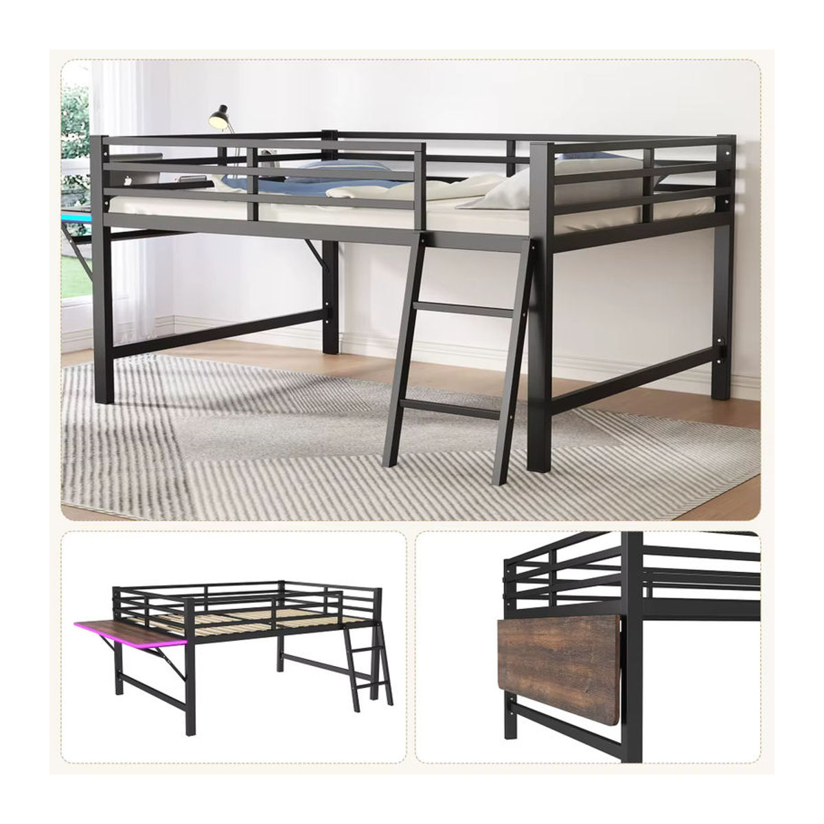 Modernes Metallbett in Schwarz mit integriertem Schreibtisch und LED-Beleuchtung, Breite: 140 cm, Länge: 200 cm - Bild 5