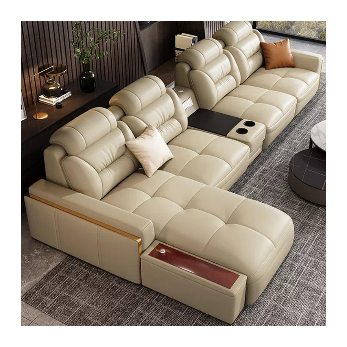 Modernes Modulsofa aus italienischem Echtleder in Beige mit USB-Anschluss und Bluetooth-Lautsprecher - Bild 1