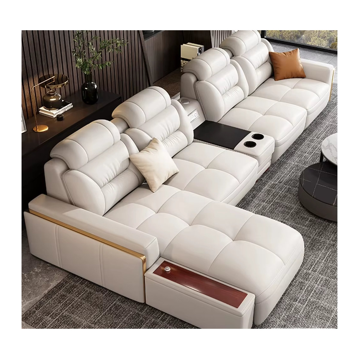 Modernes Modulsofa aus italienischem Echtleder in Beige mit USB-Anschluss und Bluetooth-Lautsprecher - Bild 2