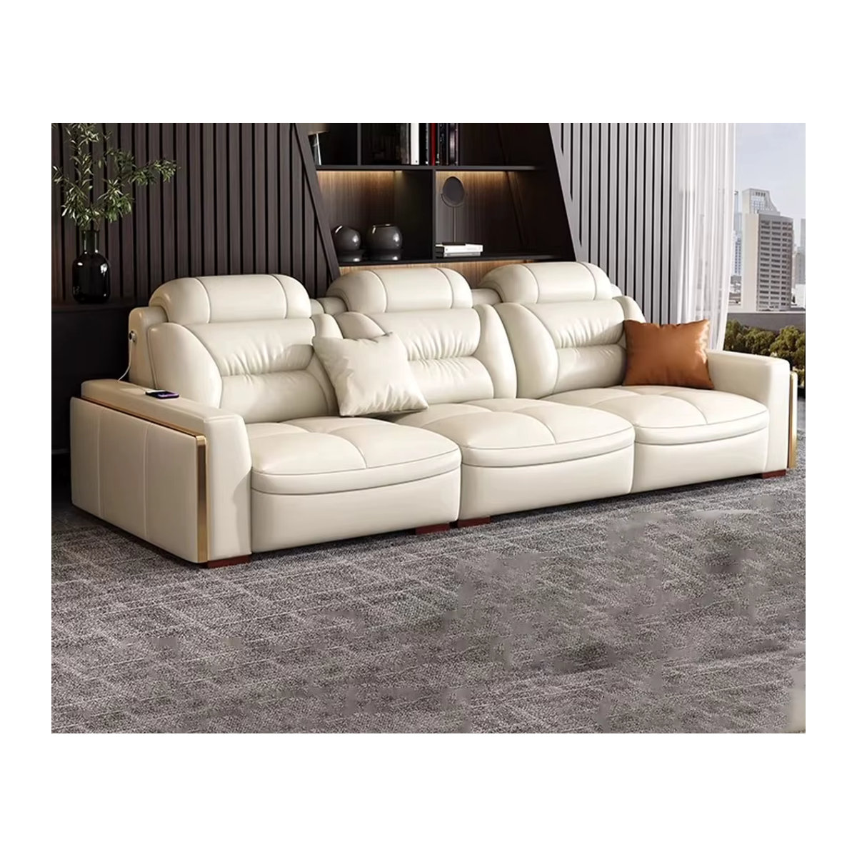 Modernes Modulsofa aus italienischem Echtleder in Beige mit USB-Anschluss und Bluetooth-Lautsprecher - Bild 4