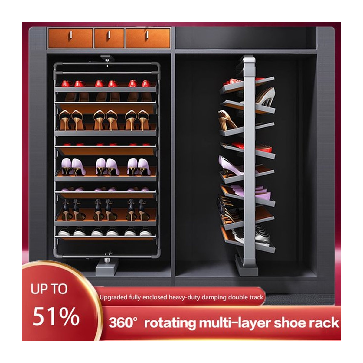 Modernes multifunktionales Schuhregal aus Metall mit 360-Grad-Rotation und Teleskop-Push-Pull-Funktion in Grau oder Schwarz - Bild 1