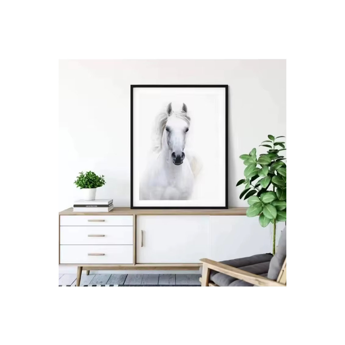 Modernes Pferdeporträt-Leinwandbild mit laufenden Pferden in Weiß, Rechteckiges Wandkunst-Poster im Hochformat - Bild 2