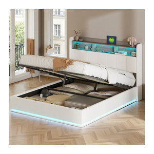 Modernes Polsterbett aus Samt mit LED-Beleuchtung, Stauraum und Ladestation, Weiß, B/L: 140 x 200 cm