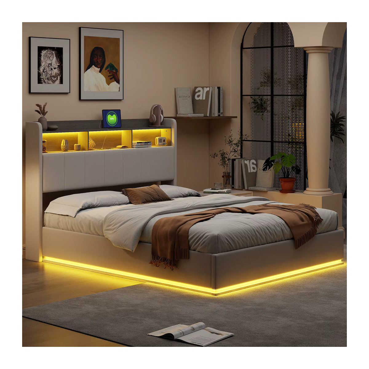Modernes Polsterbett aus Samt mit LED-Beleuchtung, Stauraum und Ladestation, Weiß, B/L: 140 x 200 cm - Bild 3