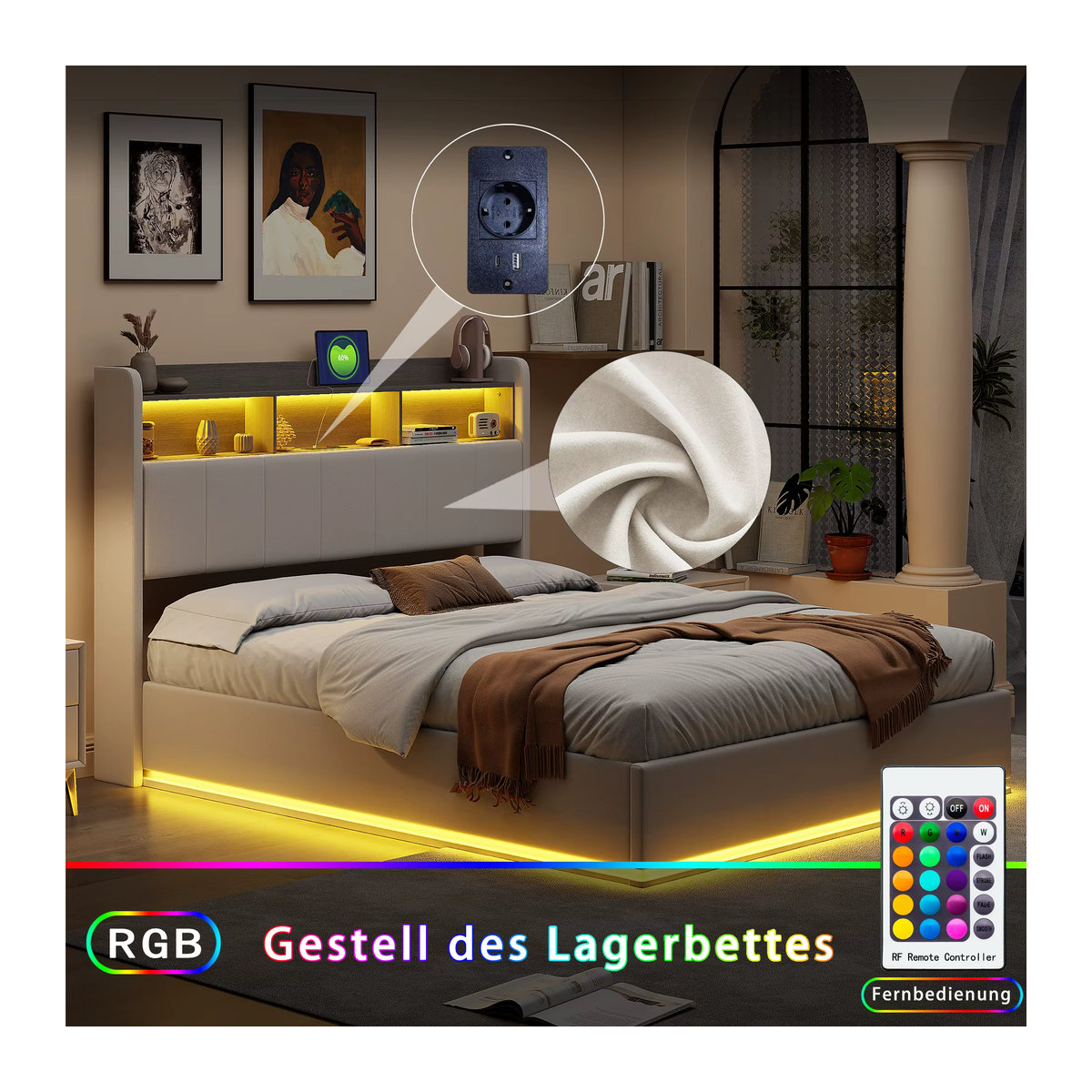 Modernes Polsterbett aus Samt mit LED-Beleuchtung, Stauraum und Ladestation, Weiß, B/L: 140 x 200 cm - Bild 4
