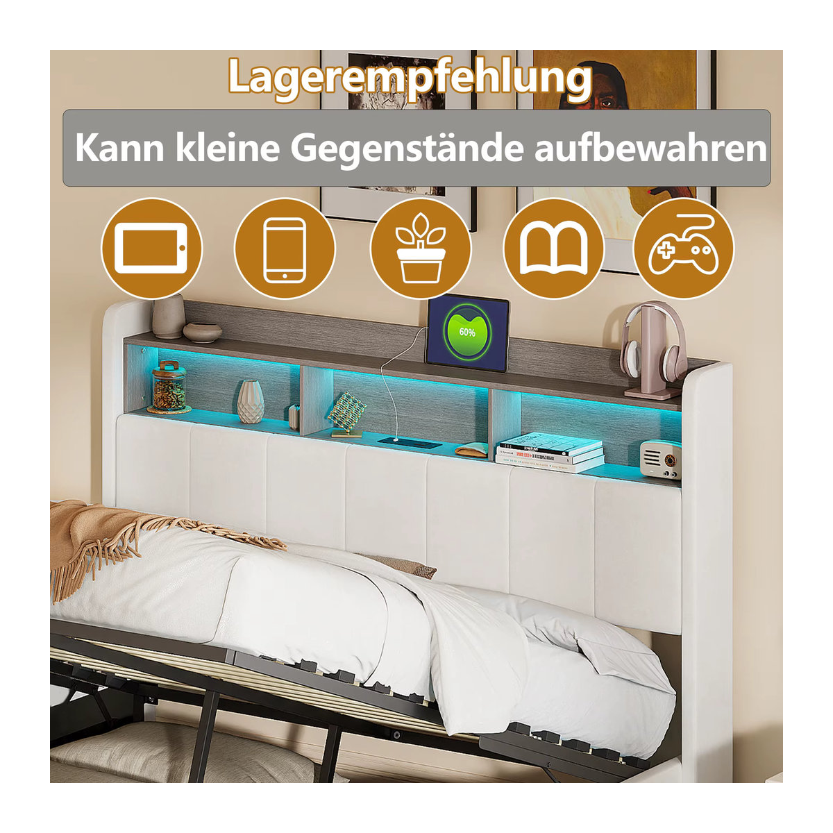 Modernes Polsterbett aus Samt mit LED-Beleuchtung, Stauraum und Ladestation, Weiß, B/L: 140 x 200 cm - Bild 5