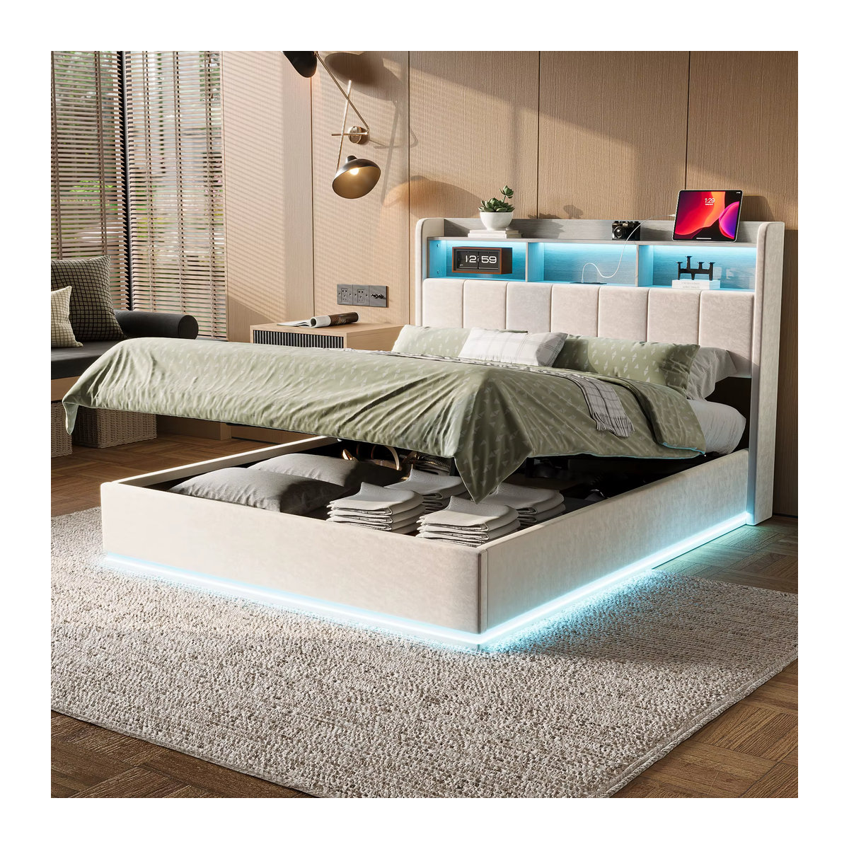 Modernes Polsterbett aus Samt mit LED-Beleuchtung, Stauraum und Ladestation, Weiß, B/L: 140 x 200 cm - Bild 6