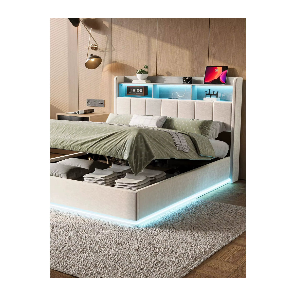 Modernes Polsterbett aus Samt mit LED-Beleuchtung, Stauraum und Ladestation, Weiß, B/L: 140 x 200 cm - Bild 7