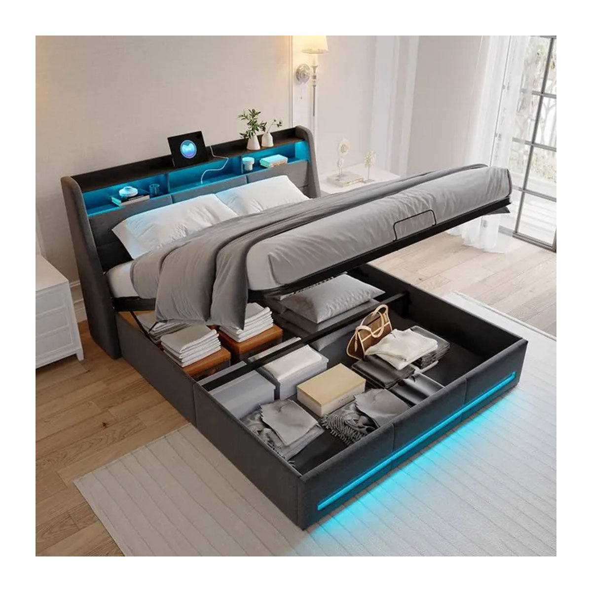 Modernes Polsterbett in Grau mit LED-Beleuchtung, Steckdosen und hydraulischem Stauraum, B/T/H: 140 x 200 cm - Bild 1