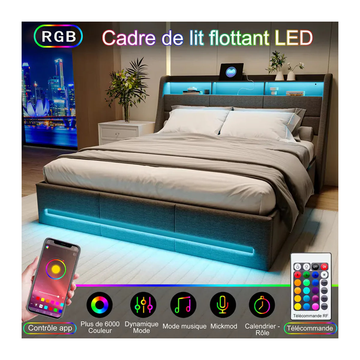 Modernes Polsterbett in Grau mit LED-Beleuchtung, Steckdosen und hydraulischem Stauraum, B/T/H: 140 x 200 cm - Bild 3