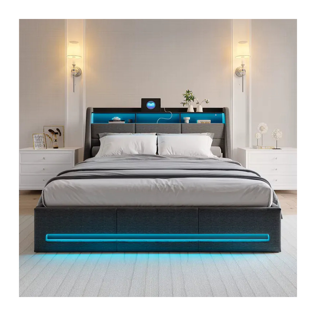 Modernes Polsterbett in Grau mit LED-Beleuchtung, Steckdosen und hydraulischem Stauraum, B/T/H: 140 x 200 cm - Bild 4