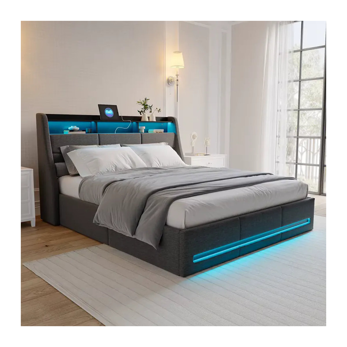 Modernes Polsterbett in Grau mit LED-Beleuchtung, Steckdosen und hydraulischem Stauraum, B/T/H: 140 x 200 cm - Bild 5