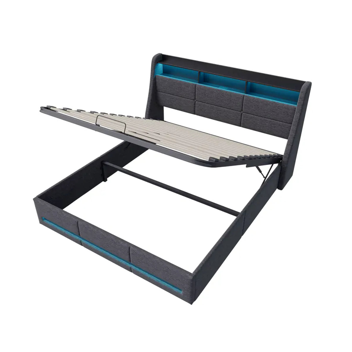 Modernes Polsterbett in Grau mit LED-Beleuchtung, Steckdosen und hydraulischem Stauraum, B/T/H: 140 x 200 cm - Bild 6