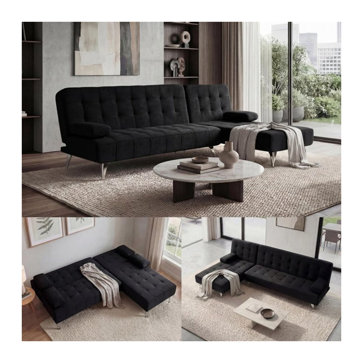 Modernes Schlafsofa MCW-K22 als Ecksofa mit Schlaffunktion, wendbare Liegefläche links/rechts, Samt, Schwarz, Breite: 236 cm - Bild 1