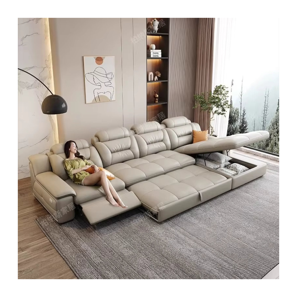 Modernes Schlafsofa von DUTRIEUX aus Kunstleder in Beige mit Recliner-Funktion - Bild 3