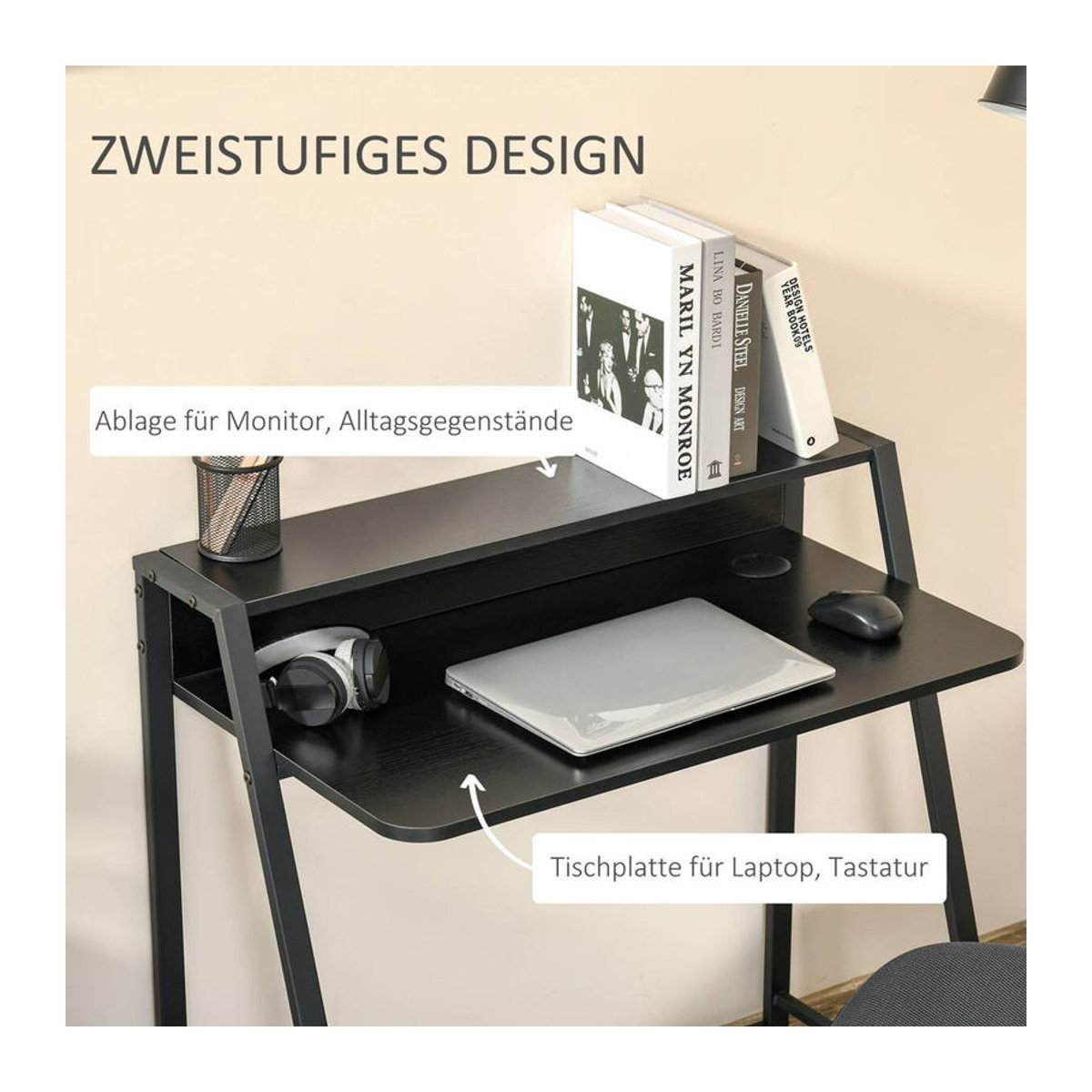 Modernes Schreibtisch Modell 836-055BK von HOMCOM in Schwarz, minimalistisches Design aus Holzwerkstoff und Metall, B/H/T: 84 x 85 x 45 cm - Bild 2