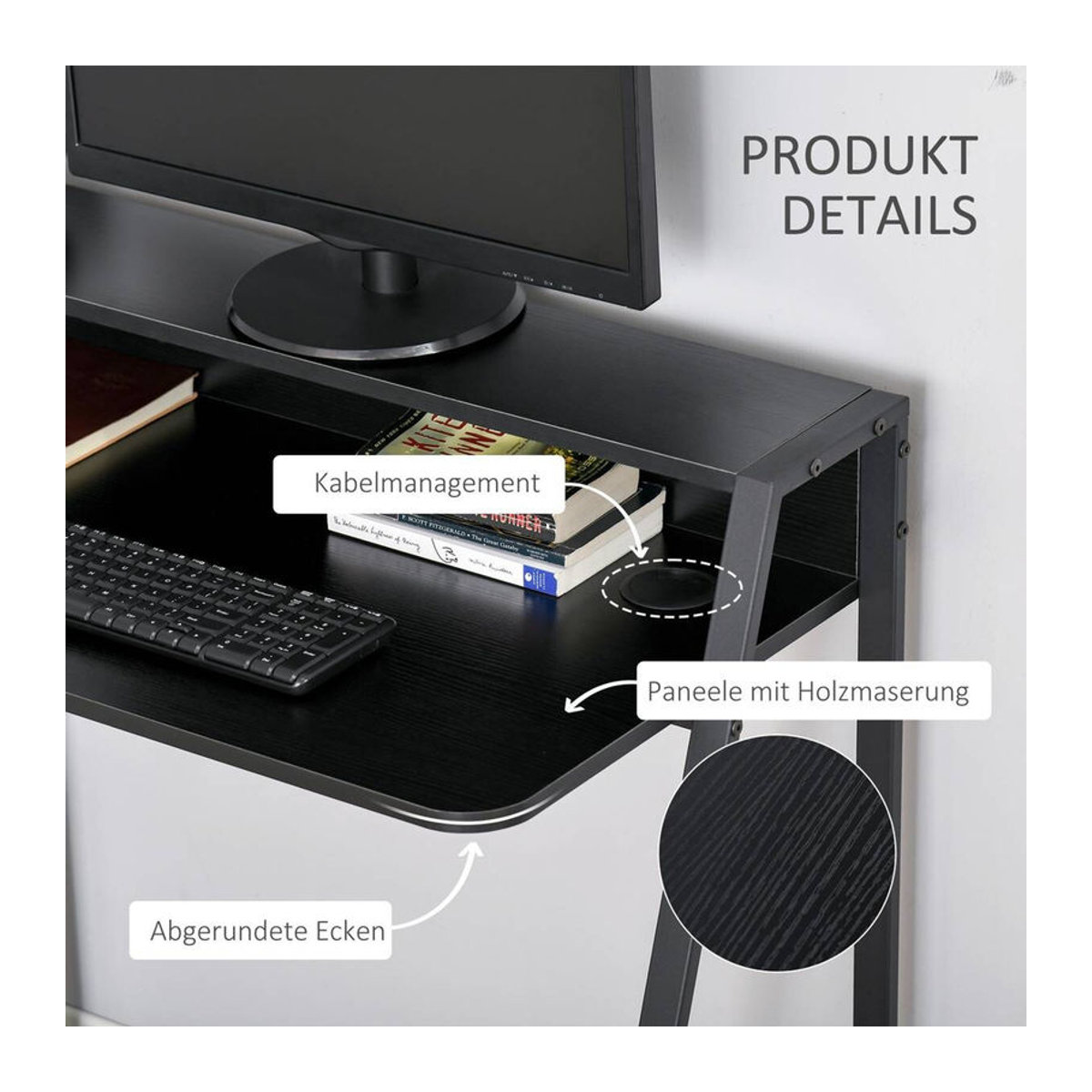 Modernes Schreibtisch Modell 836-055BK von HOMCOM in Schwarz, minimalistisches Design aus Holzwerkstoff und Metall, B/H/T: 84 x 85 x 45 cm - Bild 4