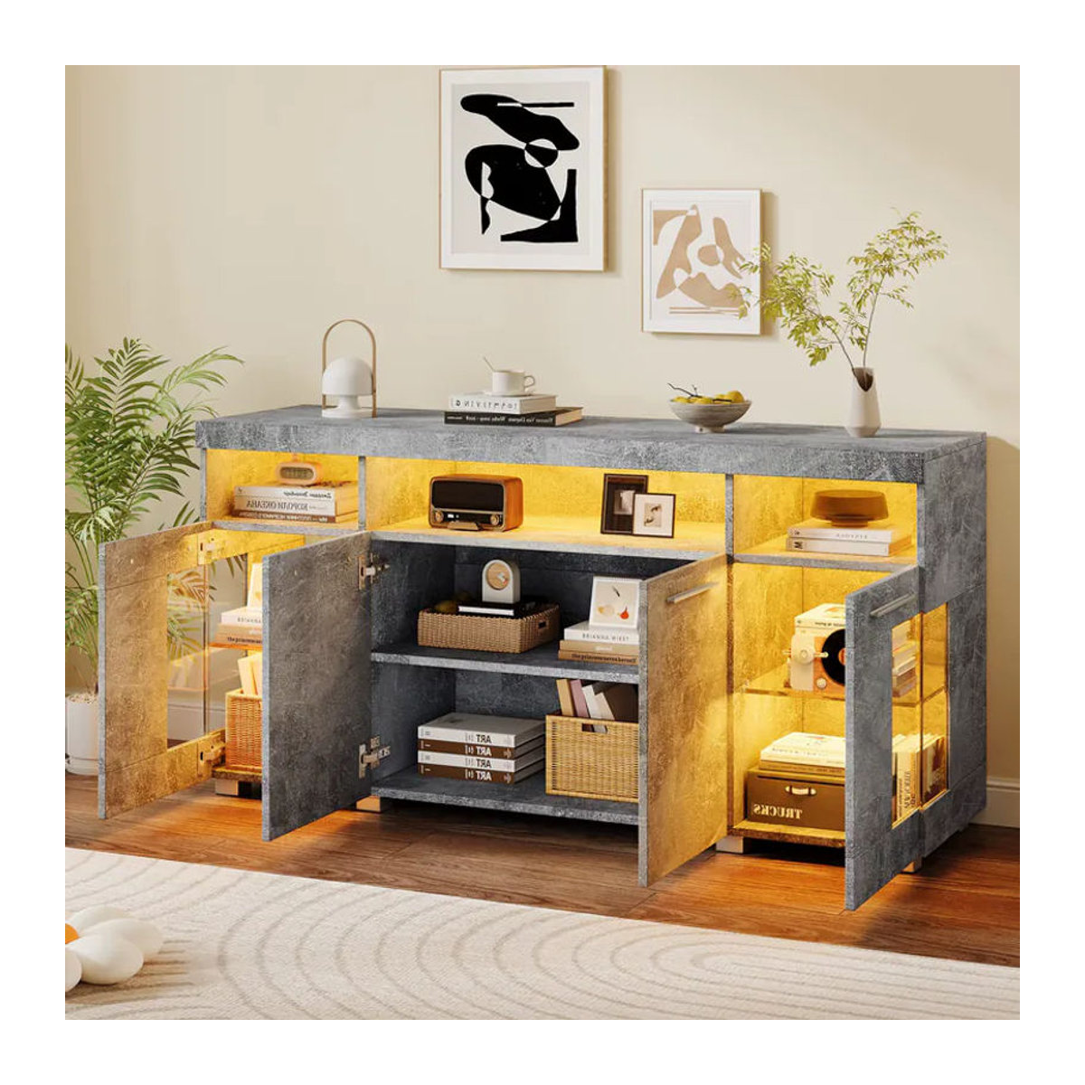 Modernes Sideboard als Beistelltisch und Buffetschrank mit LED-Beleuchtung, Sicherheitsglas und 3 Fächern in Weiß und Grau - Bild 1