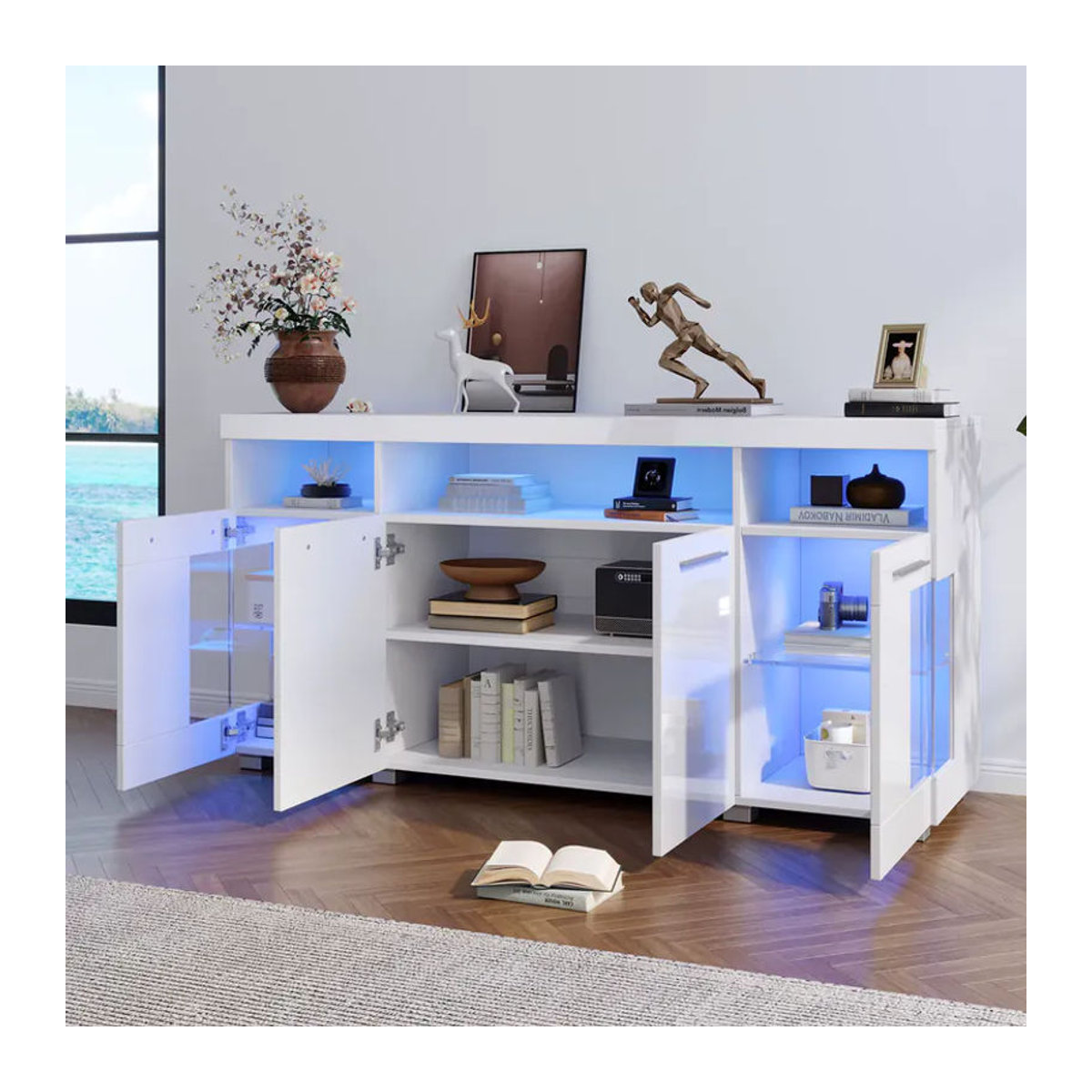 Modernes Sideboard als Beistelltisch und Buffetschrank mit LED-Beleuchtung, Sicherheitsglas und 3 Fächern in Weiß und Grau - Bild 2