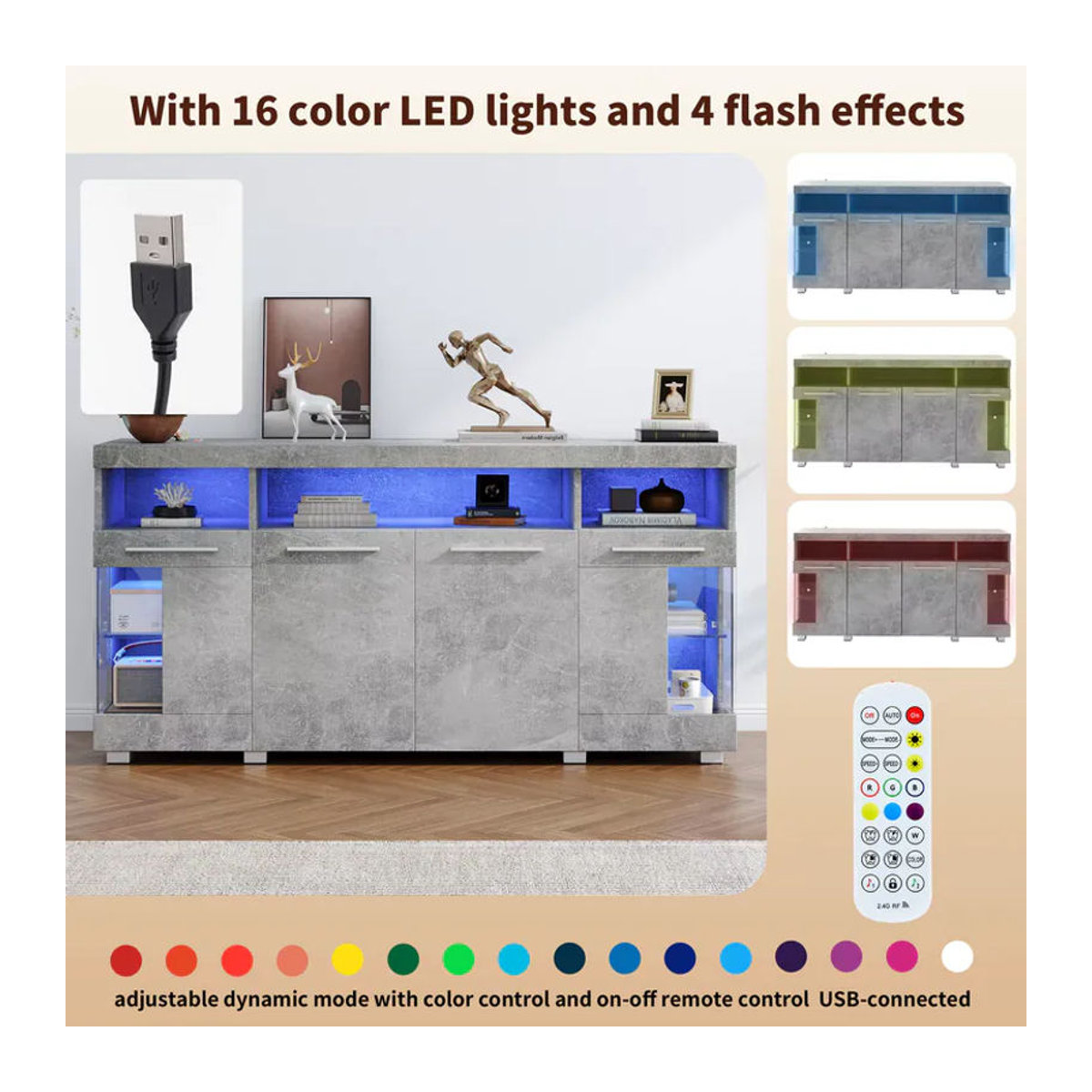 Modernes Sideboard als Beistelltisch und Buffetschrank mit LED-Beleuchtung, Sicherheitsglas und 3 Fächern in Weiß und Grau - Bild 3