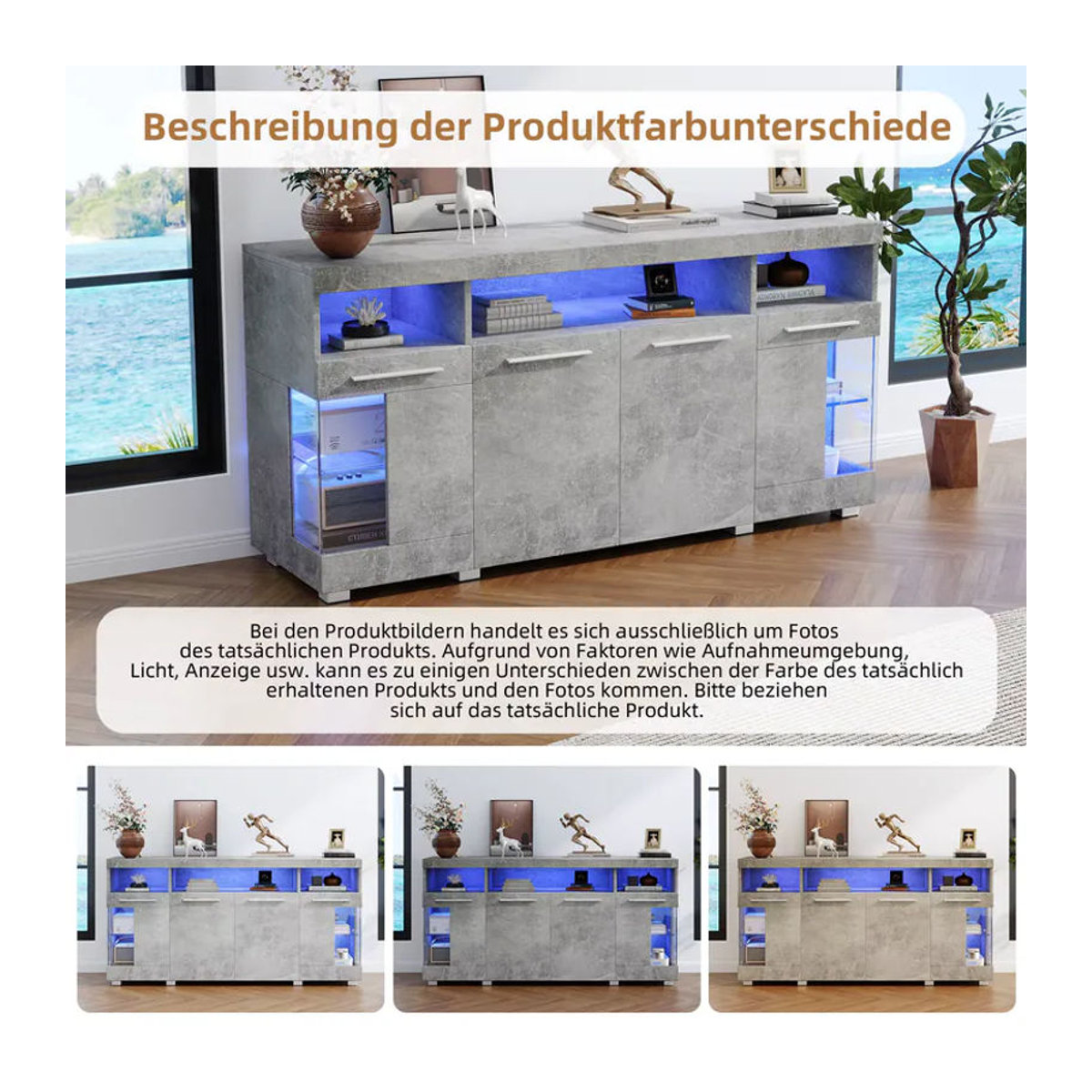 Modernes Sideboard als Beistelltisch und Buffetschrank mit LED-Beleuchtung, Sicherheitsglas und 3 Fächern in Weiß und Grau - Bild 4