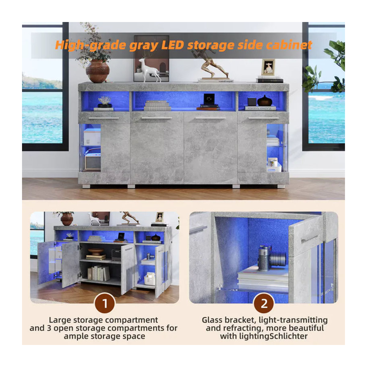 Modernes Sideboard als Beistelltisch und Buffetschrank mit LED-Beleuchtung, Sicherheitsglas und 3 Fächern in Weiß und Grau - Bild 5