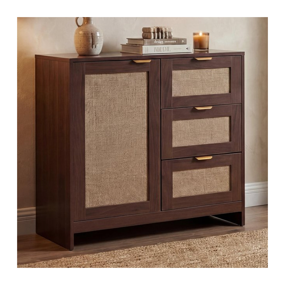 Modernes Sideboard MCW Kommode MCW-P50 mit Leinenfront in Walnuss-Optik aus MDF - Bild 1