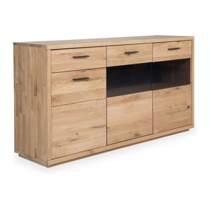 Modernes Sideboard MONDO VIVANTO aus Massivholz Eiche mit Glas und Aluminium in Grau, Braun oder Eiche Natur