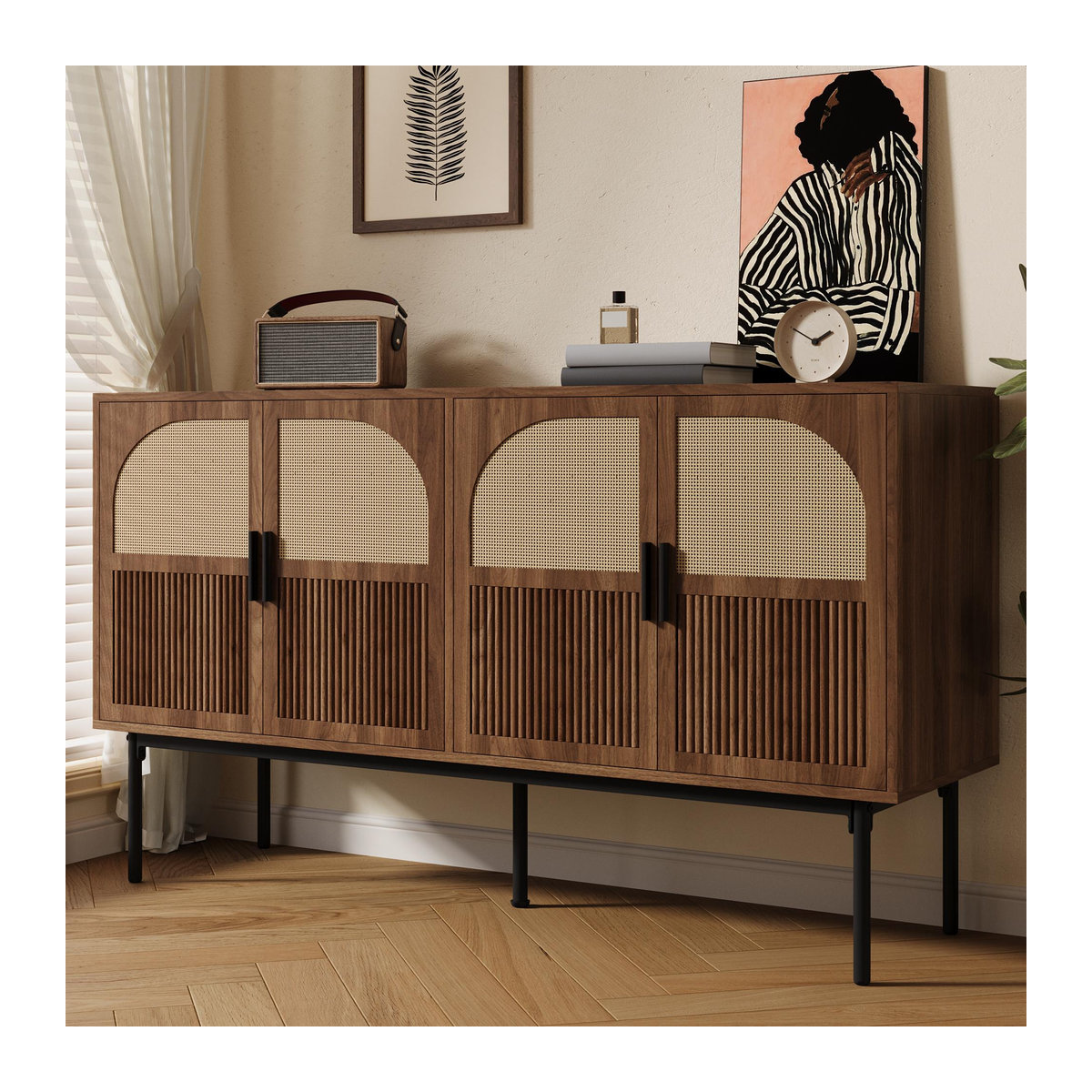 Modernes Sideboard von GL Store im Retro-Industrial-Design mit Rattan und Metall, Braun, B/T/H: 140 x 40 x 80 cm - Bild 2