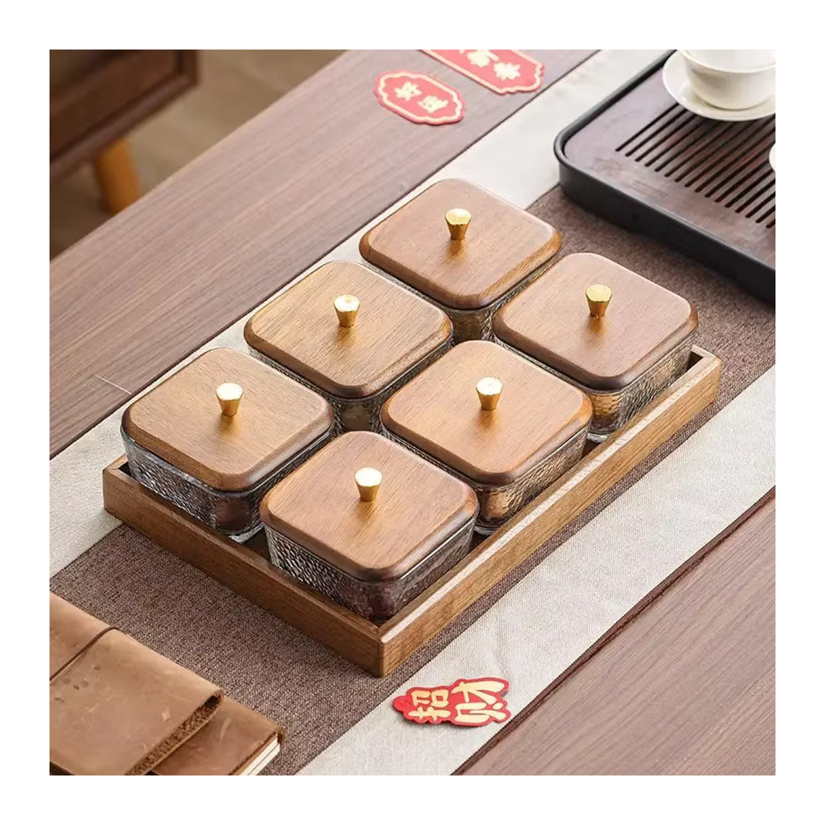 Modernes Snack-Tablett aus Glas und Nussbaumholz in rechteckiger Form mit transparenten Schalen - Bild 4