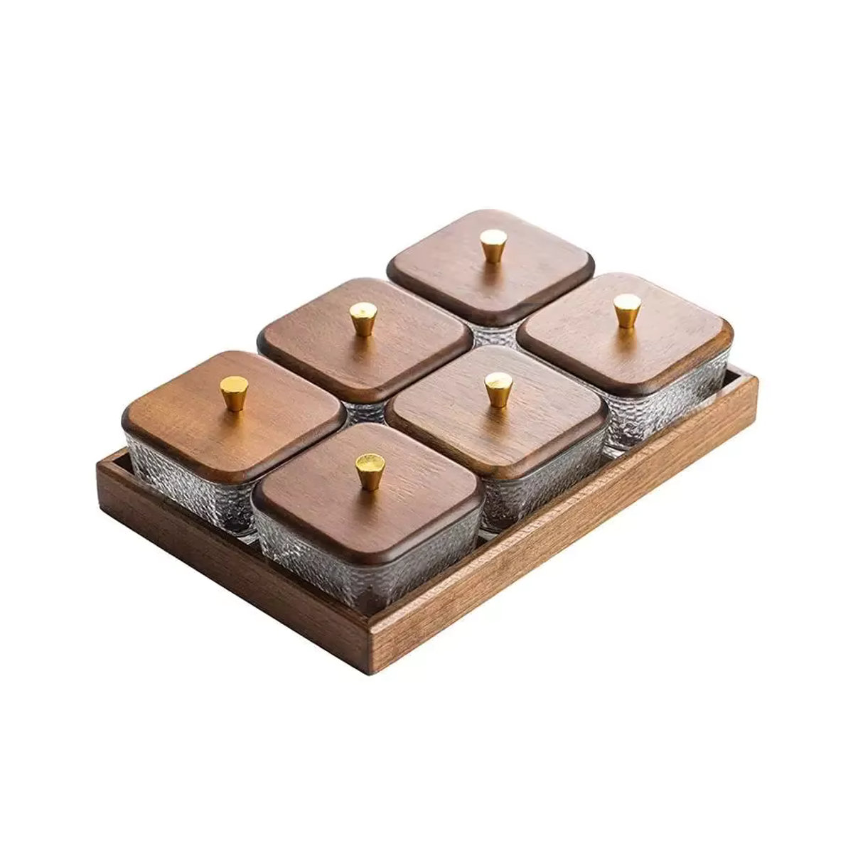 Modernes Snack-Tablett aus Glas und Nussbaumholz in rechteckiger Form mit transparenten Schalen - Bild 5