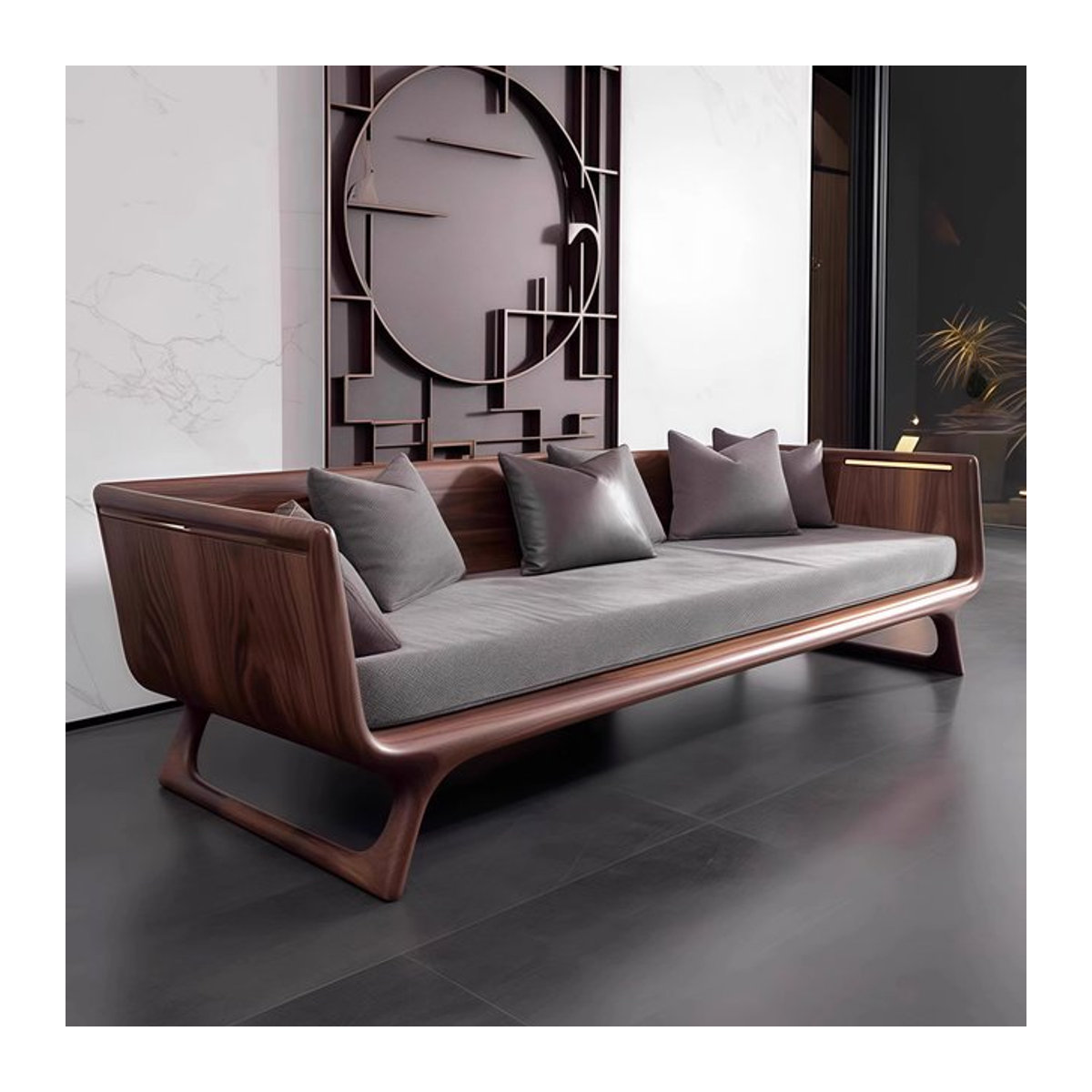 Modernes Sofa im chinesischen Stil aus schwarzem Walnussholz und Eschenholz mit Stoffbezug in Schwarz und Grau - Bild 1