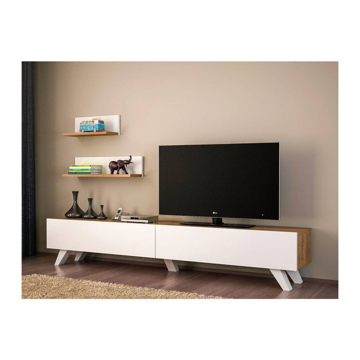 Modernes TV-Lowboard Amerika von moebel17 in Weiß und Walnuss Nachbildung B/H/T: 180 x 32,6 x 29,5 cm - Bild 2