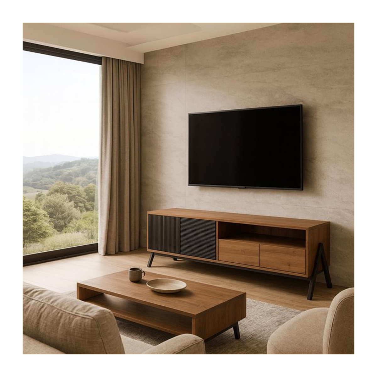 Modernes TV-Lowboard MCW-O40 in Natur mit 2 Schubladen, Türen und Staufächern, B/H/T: 155 x 48 x 40 cm - Bild 1