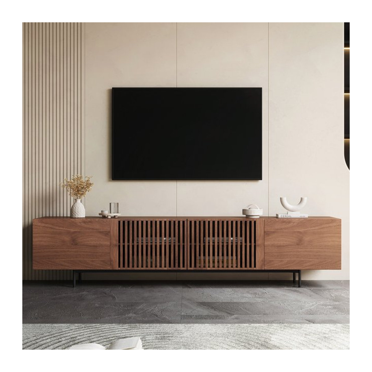 Modernes TV-Schrank Lowboard von oleylucklive in Nussbaum, passend für 75 Zoll Fernseher mit Lamellentüren und großem Stauraum, Breite: 240 cm - Bild 1