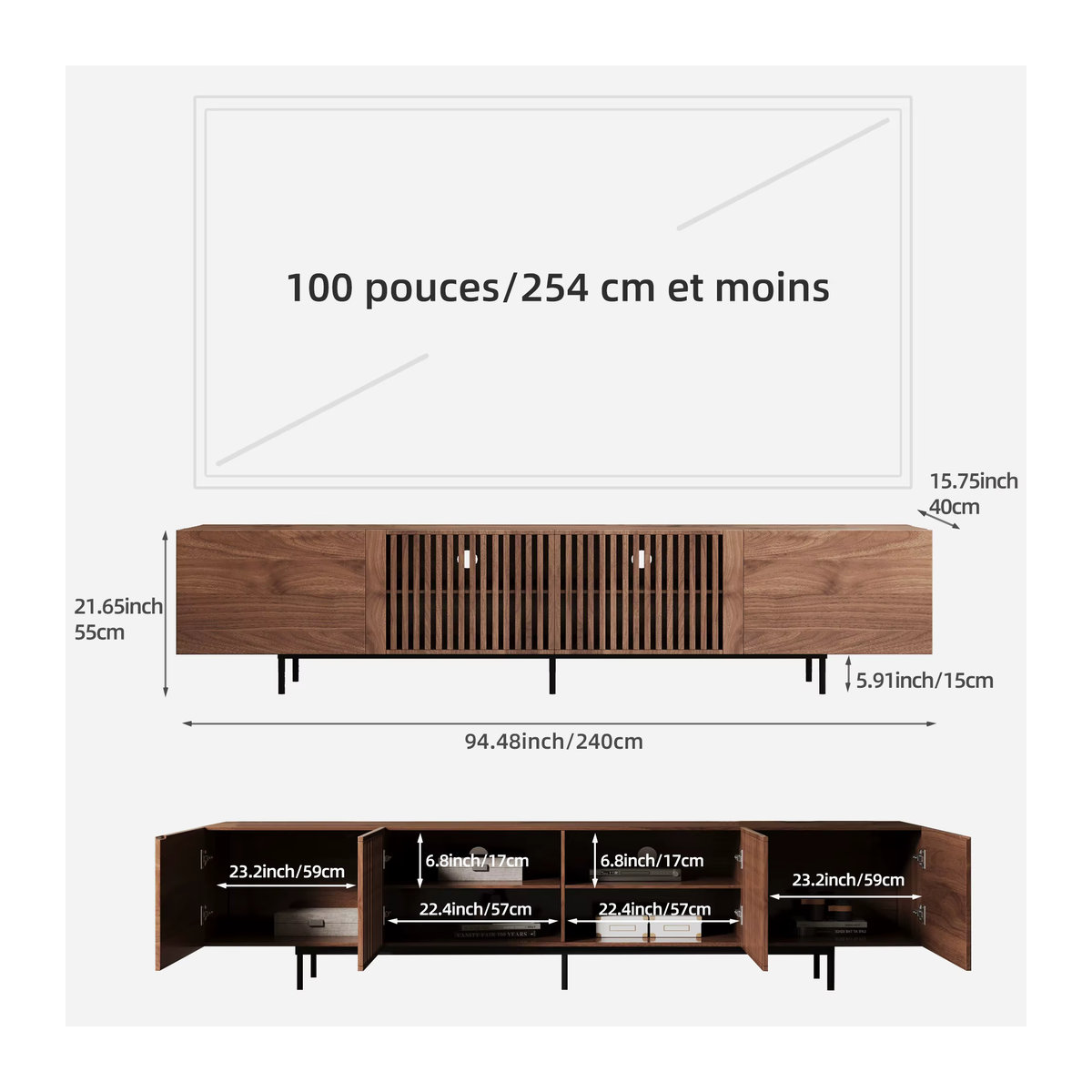 Modernes TV-Schrank Lowboard von oleylucklive in Nussbaum, passend für 75 Zoll Fernseher mit Lamellentüren und großem Stauraum, Breite: 240 cm - Bild 3