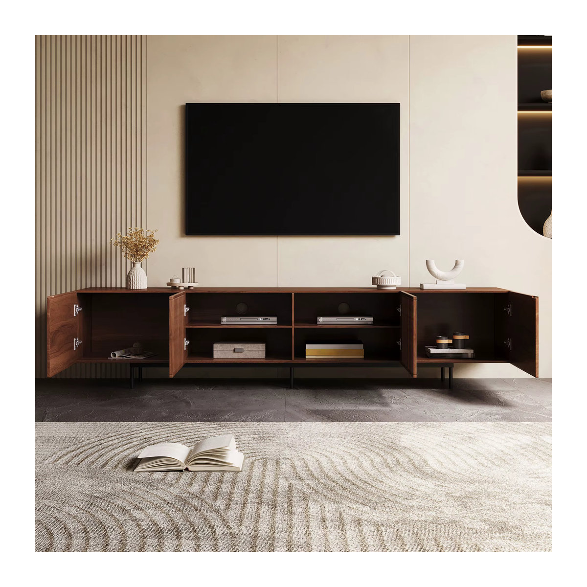 Modernes TV-Schrank Lowboard von oleylucklive in Nussbaum, passend für 75 Zoll Fernseher mit Lamellentüren und großem Stauraum, Breite: 240 cm - Bild 4