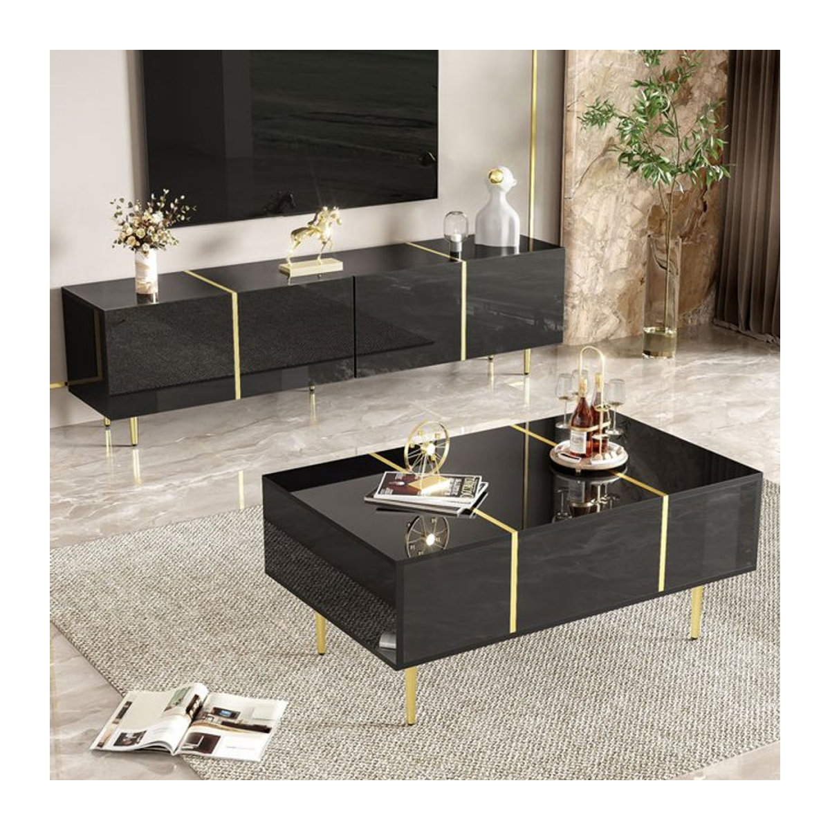 Modernes TV-Schrank- und Couchtisch-Set in Schwarz mit goldenen Akzenten und Stauraum - Bild 1