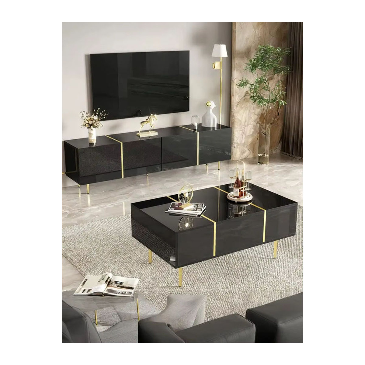 Modernes TV-Schrank- und Couchtisch-Set in Schwarz mit goldenen Akzenten und Stauraum - Bild 2