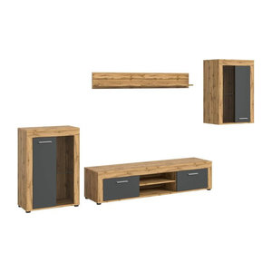Modernes TV-Schrank Wohnwand Jam von xonox.home in Eiche Wotan Nachbildung Grau mit Glas, B/H/T: 310 x 169 x 35 cm