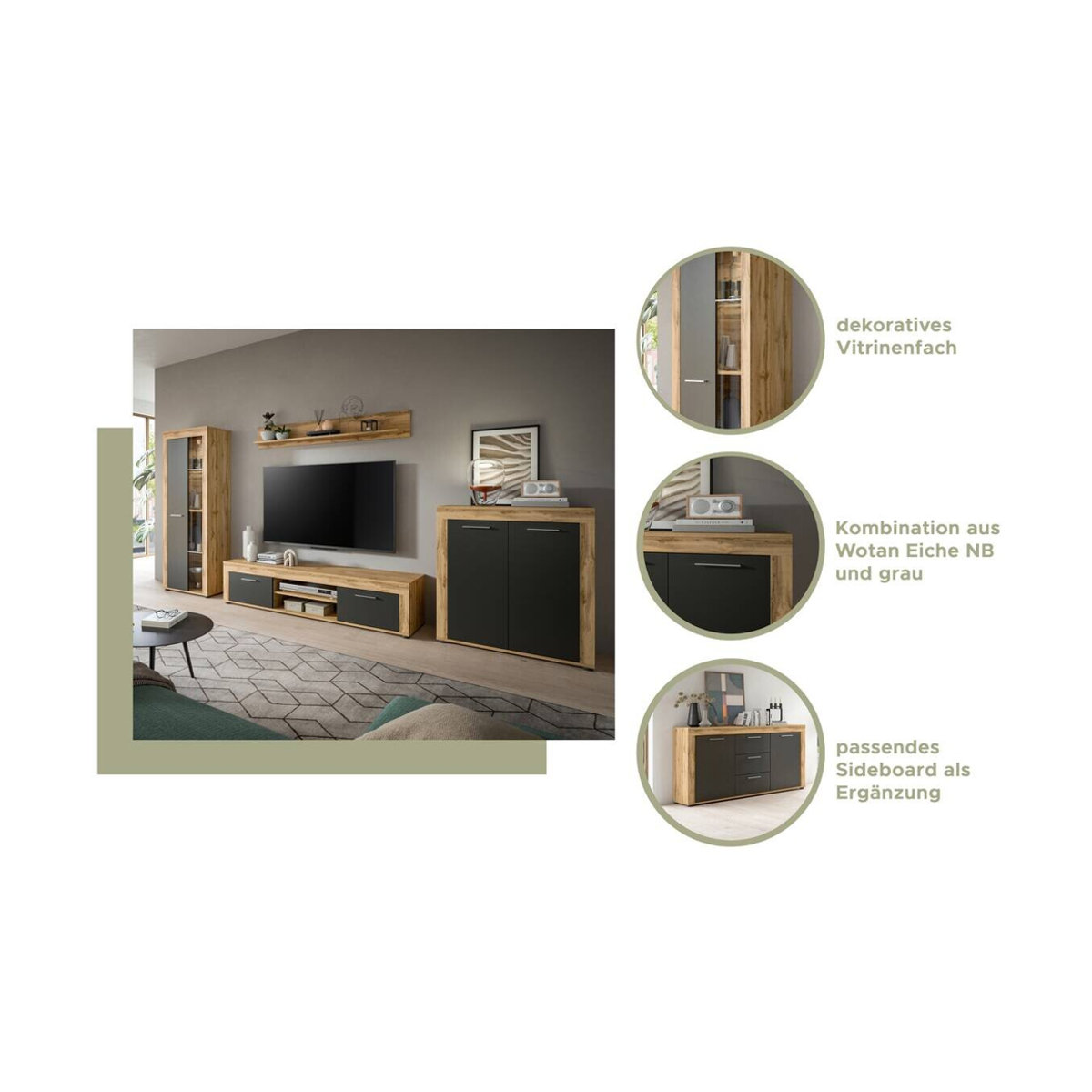 Modernes TV-Schrank Wohnwand Jam von xonox.home in Eiche Wotan Nachbildung Grau mit Glas, B/H/T: 310 x 169 x 35 cm - Bild 2