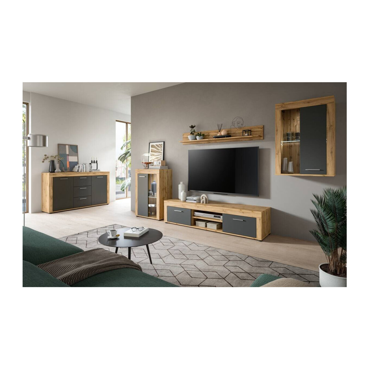 Modernes TV-Schrank Wohnwand Jam von xonox.home in Eiche Wotan Nachbildung Grau mit Glas, B/H/T: 310 x 169 x 35 cm - Bild 3